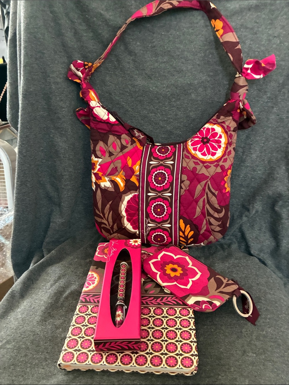 Vera Bradley Magenta Floral Quilted Shoulder Bag with Matching Accessories